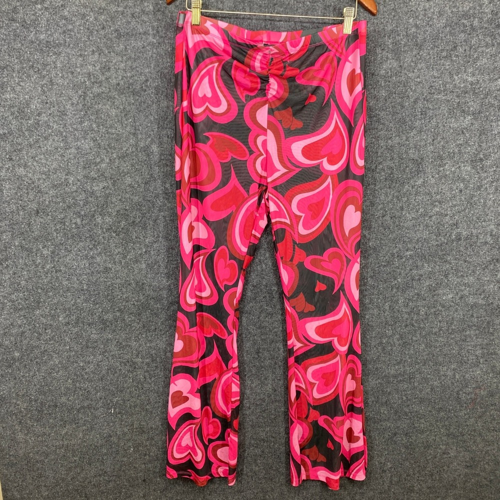 Shein Curve Pink Red Heart Print Mesh Flare Pants Ruched High Waist 1XL